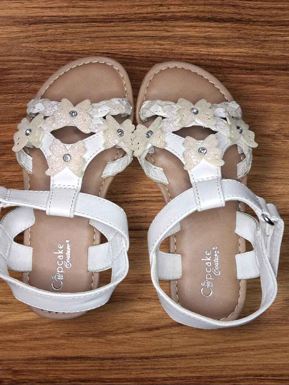 Cupcake Couture White Sandals with Glitter Butterfly Accents
